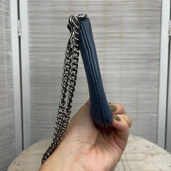 Coach Blue Crossgrain Leather Chain Wristlet Clutch Silver Hardware NWT - Picture 5 of 9